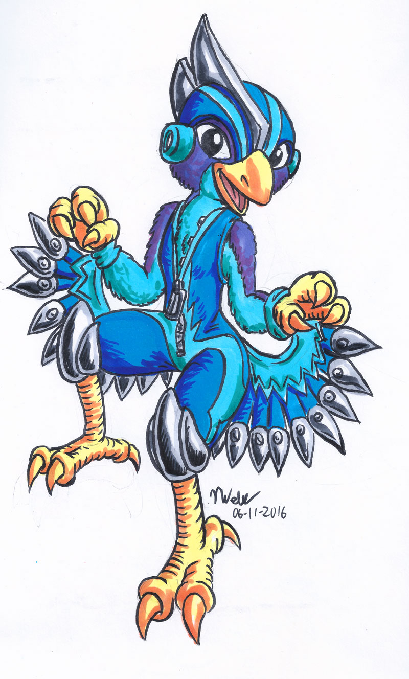 armor black_eyes blue_body blue_feathers claws clothing feathers headgear headwear open_mouth purple_body purple_feathers simple_background toe_claws tongue zipper blademanunitpi activision skylanders stormblade avian bird 2016 hi_res signature traditional_media_(artwork)