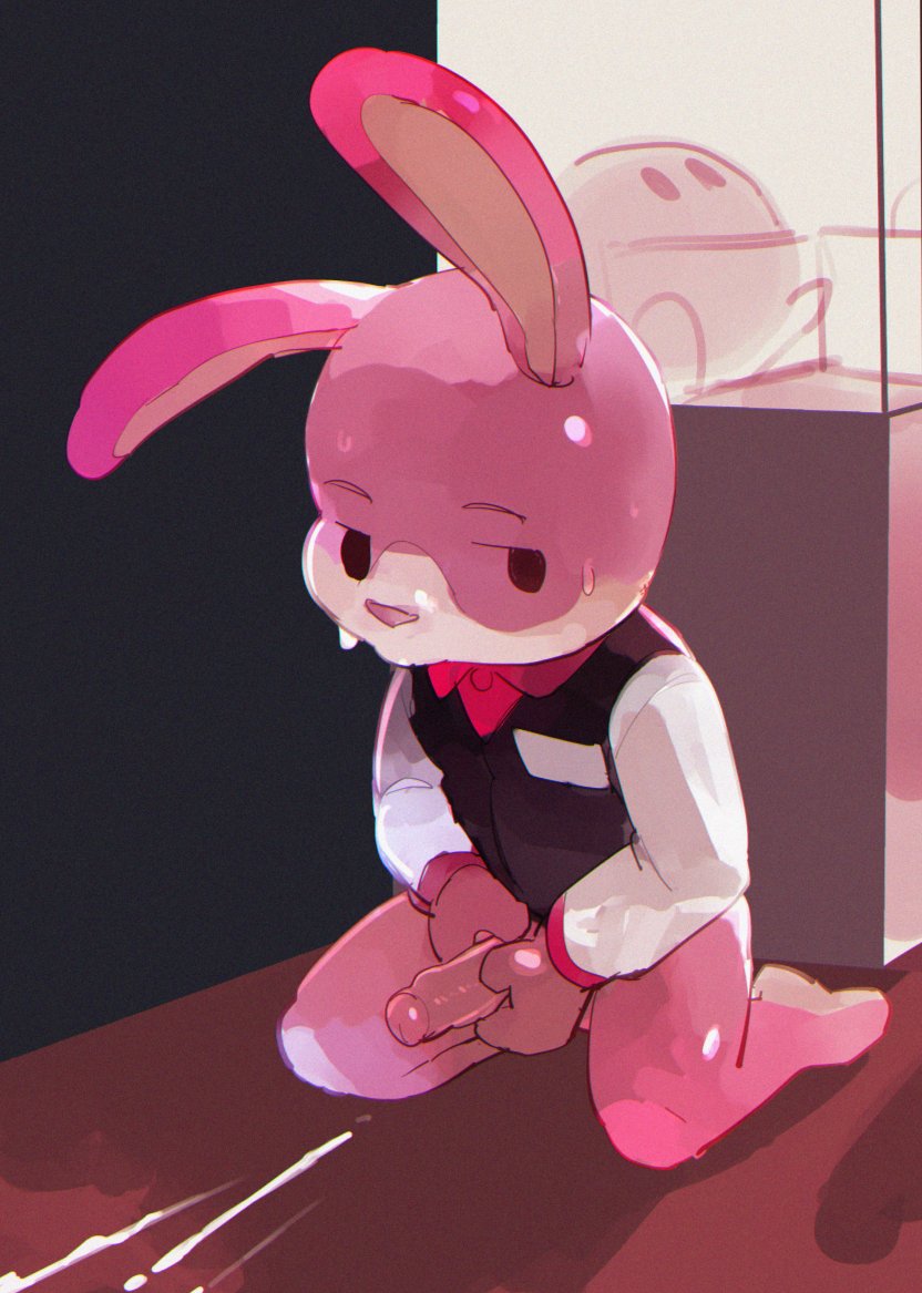 anthro arcade bodily_fluids clothing cum cum_on_ground foreskin fur genital_fluids genitals humanoid_genitalia humanoid_penis kneeling male masturbation penile penile_masturbation penis pink_body pink_fur solo sweat topwear vest masshiro nintendo nintendo_badge_arcade arcade_bunny lagomorph leporid mammal rabbit