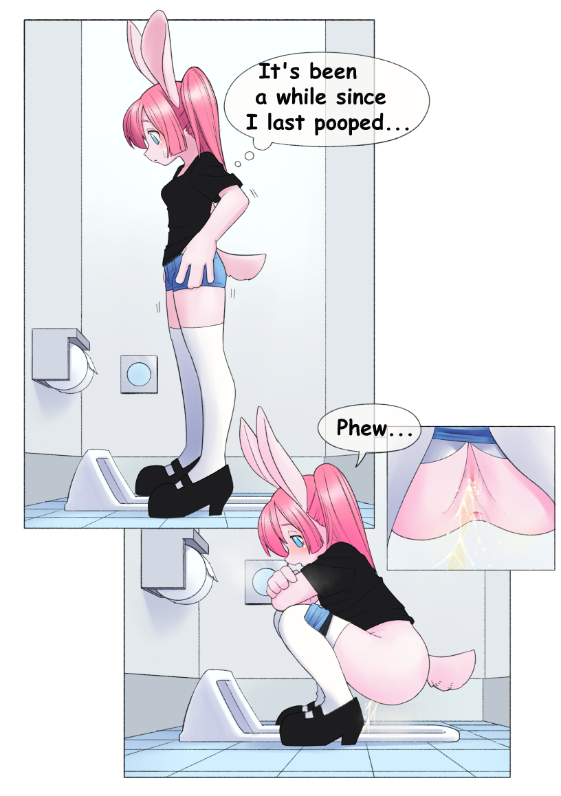 anthro anus bathroom black_clothing black_shirt black_topwear blue_eyes blush bodily_fluids bottomwear bottomwear_pull censored_genitalia censored_pussy clothing clothing_pull crouching denim female footwear fur genital_fluids genitals hair high_heels legwear peeing pink_body pink_fur pink_hair pussy shirt shoes skirt skirt_pull socks solo squat_toilet standing text thigh_highs thigh_socks toilet toilet_paper toilet_use topwear urine urine_stream unoroute unousaya lagomorph leporid mammal rabbit 2022 censored comic english_text mosaic_censorship