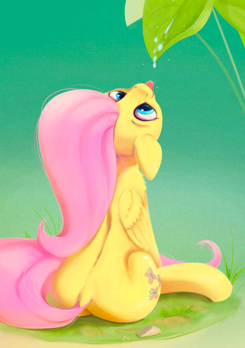 cutie_mark feathered_wings feathers female feral grass hair long_hair looking_up plant sitting solo tongue tongue_out water wings yellow_body yellow_feathers rodrigues404 friendship_is_magic hasbro my_little_pony mythology fluttershy_(mlp) equid equine mammal mythological_creature mythological_equine pegasus 2016