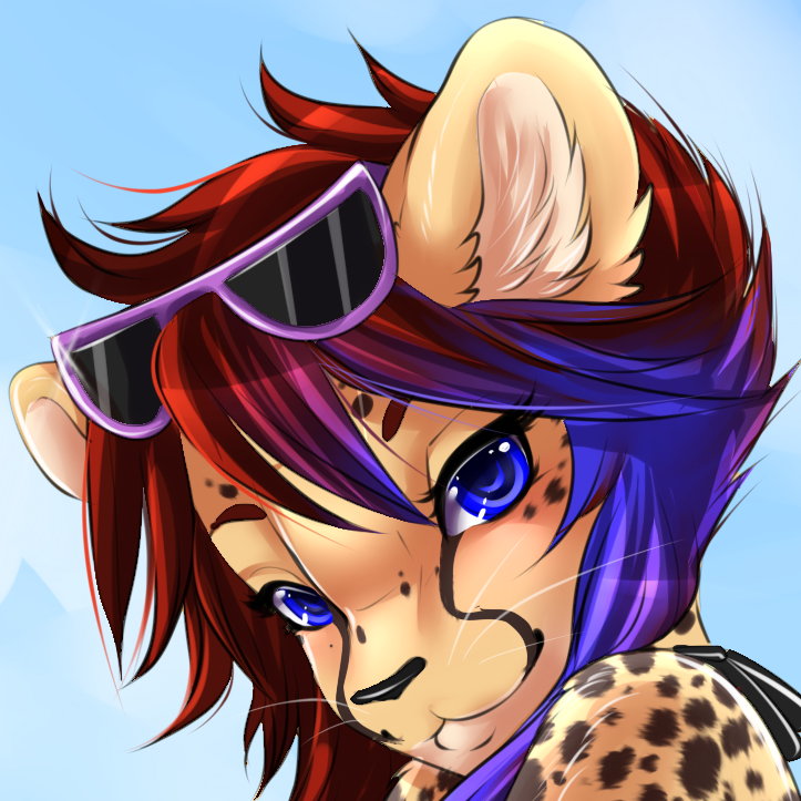 anthro blue_hair eyewear face_focus female fur glasses hair simple_background solo spots whiskers conditional_dnp mrawl surody_(copyright) surody cheetah felid feline mammal 1:1