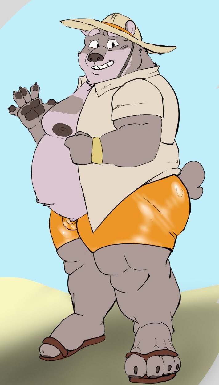 anthro beach belly bottomwear bulge clothed clothing eyebrows footwear grin hat headgear headwear male moobs nipples open_clothing open_shirt open_topwear overweight sandals shirt shoes shorts smile solo straw_hat thick_eyebrows topwear coyotebbbusted lifewonders tokyo_afterschool_summoners jambavan_(tas) bear mammal hi_res