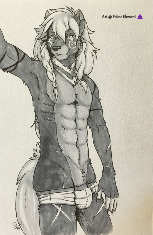 anthro male muscular muscular_male pose solo conditional_dnp feline_element shikoba canid canine canis mammal wolf pinup traditional_media_(artwork)