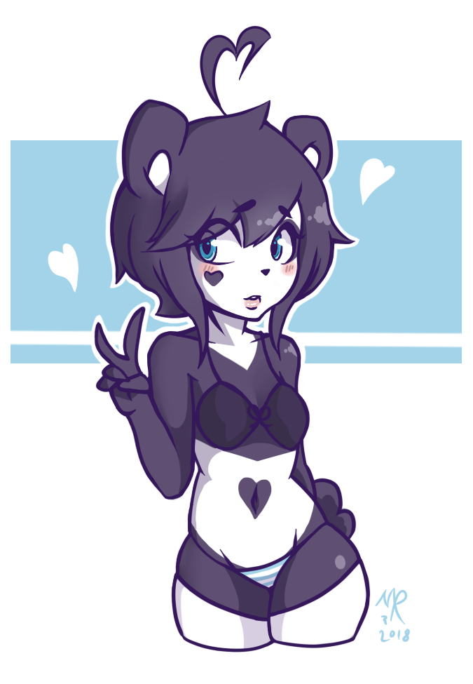 anthro black_hair blue_eyes blush bra breasts clothing female gesture hair hand_gesture heart_(marking) heart_symbol markings navel panties solo underwear v_sign mirrorreach ken_ashcorp kenny_(kenashcorp) bear giant_panda mammal 2018