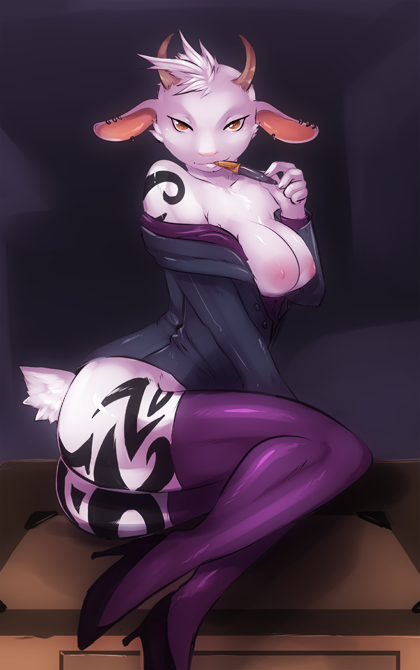 anthro biped breasts clothing ear_piercing female footwear high_heels legwear nipples pen piercing secretary seductive shoes smile smirk solo stockings tattoo ryukyur moo_lawgoat bovid caprine goat mammal digital_media_(artwork) shaded