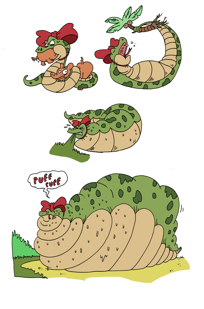 belly big_belly female female_pred feral green_body group huge_belly obese oral_vore overweight simple_background text trio vore weight_gain white_background agouti-rex domestic_pig mammal reptile scalie snake suid suine sus_(pig) 2012 comic