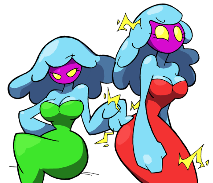 breasts cleavage clothed clothing dress duo electricity female green_clothing green_dress hand_on_butt red_clothing red_dress wide_hips yellow_eyes shenanimation mario_and_luigi_(series) mario_bros nintendo gigi_(mario) jellyfish_sisters merri_(mario) animal_humanoid cnidarian cnidarian_humanoid humanoid jellyfish jellyfish_humanoid marine marine_humanoid medusozoan medusozoan_humanoid sibling_(lore) sister_(lore) sisters_(lore)