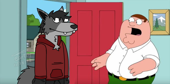 blue_wall clothing duo grey_hair hair happy hoodie male open_door red_clothing red_hoodie red_topwear surprise topwear earthwormgd family_guy holy_crap_lois_it's_x! earthy peter_griffin canid canine fox human mammal