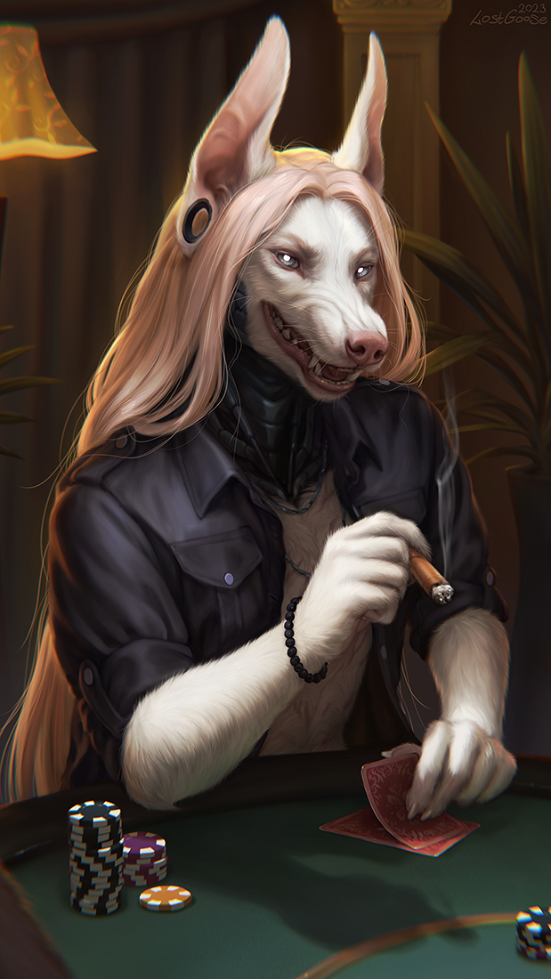 albino anthro black_clothing black_shirt black_topwear bracelet card cigar clothing cropped_ears ear_piercing fangs fur gauged_ear grin hair jewelry long_hair male neck_prosthetic open_mouth piercing plant poker poker_chip poker_table prosthetic pupils realistic_anthro shirt smile smoking teeth topwear tunnels white_body white_eyes white_fur white_hair white_pupils lostgoose metall canid canine mammal 2023