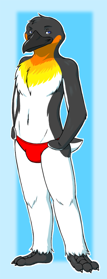 anthro beak biped blue_eyes bulge clothed clothing looking_at_viewer male navel simple_background solo speedo standing swimwear topless nogitsunegabriel avian bird king_penguin penguin