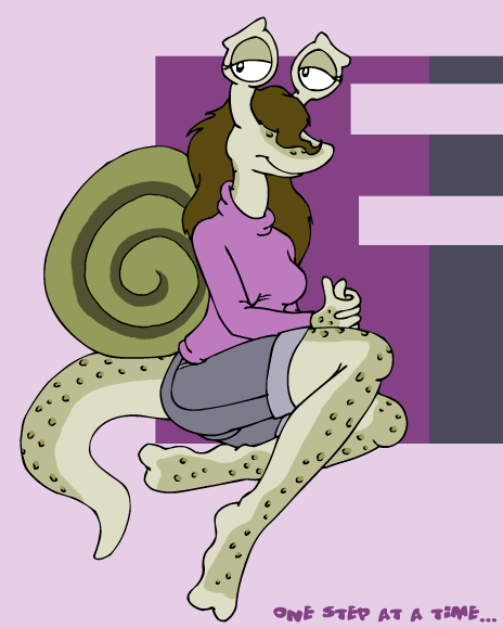 anthro bottomwear breasts clothing eyelashes female gastropod_shell hair long_hair looking_at_viewer mollusk_shell non-mammal_breasts pose shell shirt shorts solo sweater tail text topwear turtleneck tabbiewolf adeline_(tabbiewolf) gastropod mollusk snail english_text