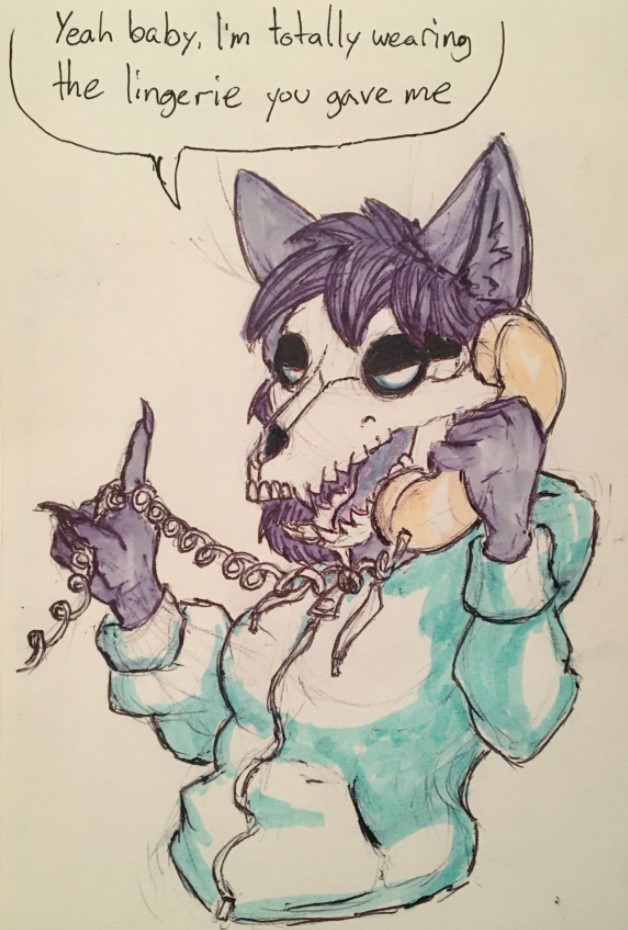 anthro bone breasts claws clothing dialogue electronics female hoodie humor landline_phone phone phone_call skull skull_head solo speech_bubble text topwear victordantes scp_foundation marsh_(marshthemalo) scp-1471-a canid canine canis malo mammal wolf english_text traditional_media_(artwork)