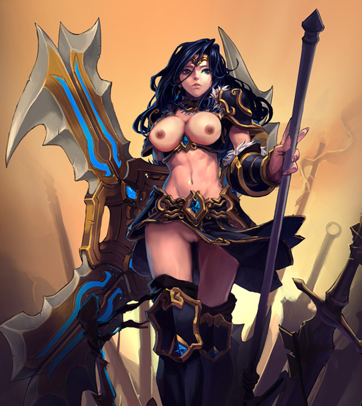 armor big_breasts black_hair blue_eyes blue_hair boots bottomwear breasts clothed clothing convincing_weapon dress female footwear genitals hair long_hair melee_weapon navel nipples not_furry nude pussy shoes skirt solo sword topless unconvincing_armor weapon unknown_artist league_of_legends riot_games tencent sivir_(lol) human mammal