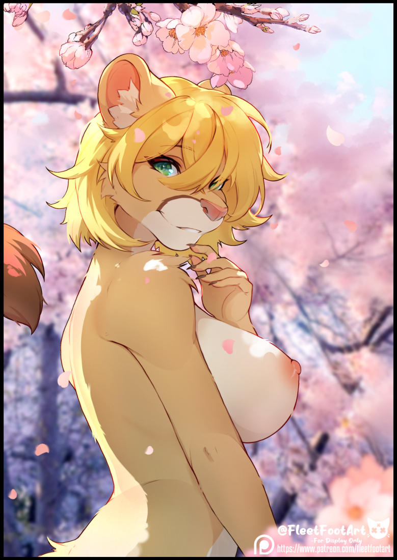 anthro big_breasts black_border blush border breasts female fur hair looking_at_viewer nipples nude outdoor_nudity outside simple_background smile solo tail fleet-foot rhoda felid feline lion mammal pantherine 2024 digital_media_(artwork)