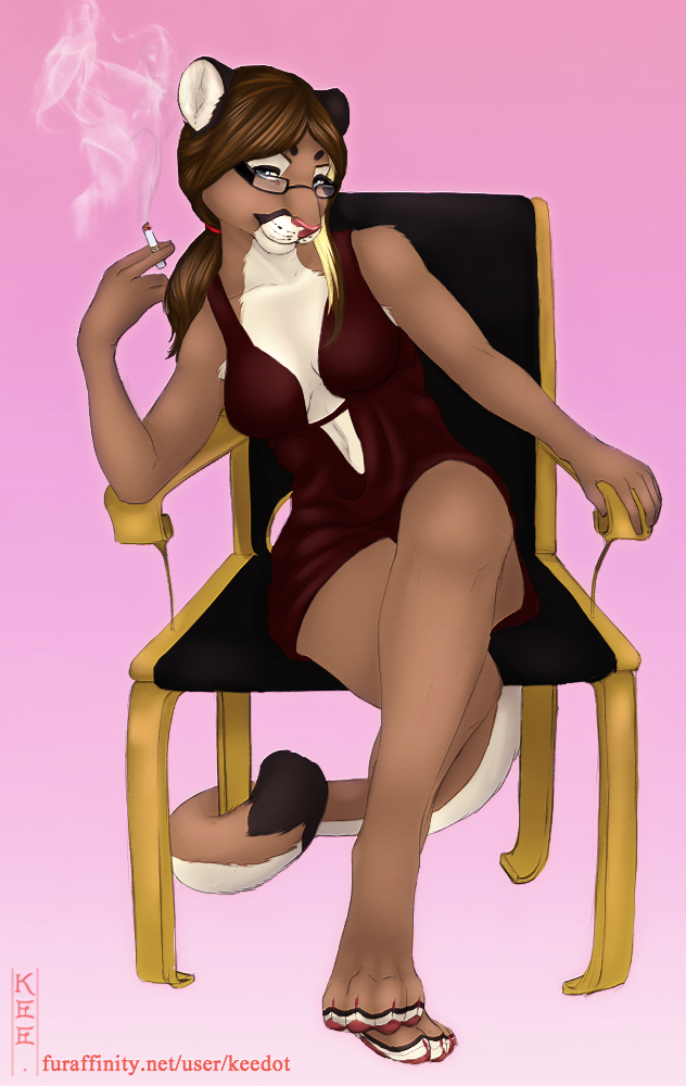 anthro biped blue_eyes chair cigarette clothed clothing crossed_legs eyewear female furniture glasses looking_at_viewer sitting smoke smoking solo tail keedot lorena_(artist) lorena_loveless cougar felid feline mammal digital_media_(artwork) full-length_portrait portrait