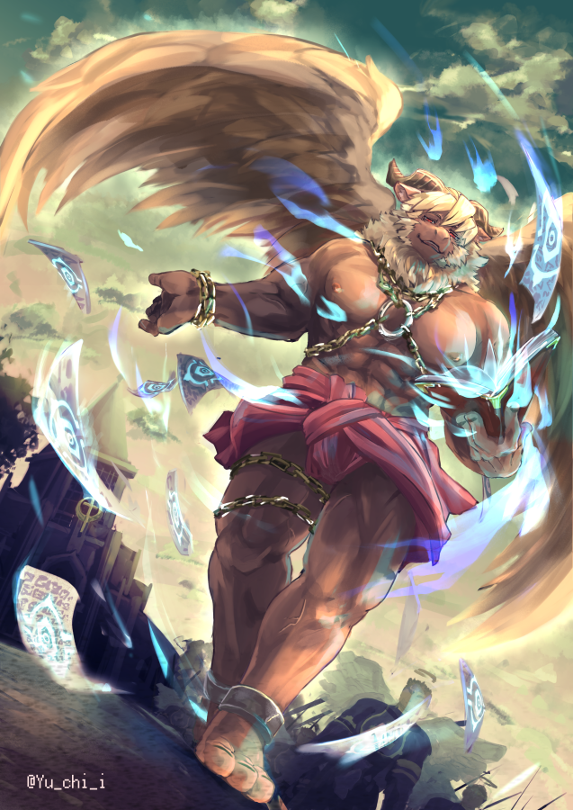 abs anthro barefoot blonde_hair bottomwear chain clothing detailed_background feet hair horn loincloth male muscular muscular_anthro muscular_male nipples pecs solo wings yu_chi_i lifewonders tokyo_afterschool_summoners azazel_(tas) angel bovid caprine goat mammal