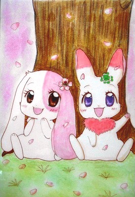 anthro blush brown_eyes cherry_blossom chest_tuft clover_(plant) duo eyebrows eyelashes female flower fur heart_symbol japanese long_ears open_mouth petals pink_body pink_fur plant prunus_(flower) purple_eyes shamrock short_fur sitting smile tree tuft white_body white_fur yokki_(pixiv) happy_happy_clover pixiv sayuri_tatsuyama clover_(happy_happy_clover) mallow_(happy_happy_clover) domestic_rabbit lagomorph leporid lop_rabbit mammal oryctolagus rabbit low_res