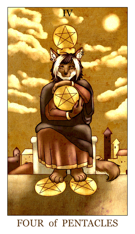 anthro brown_body brown_fur brown_hair building card card_template clothing cloud dress ear_piercing female fortune_telling four_of_pentacles_(tarot) fur hair inner_ear_fluff minor_arcana multicolored_hair occult_symbol outside pentacle pentacles_(tarot) piercing robe sky solo sun symbol tarot tarot_card tower tuft two_tone_hair white_body white_fur white_hair feralise r_uv canid canine canis mammal wolf