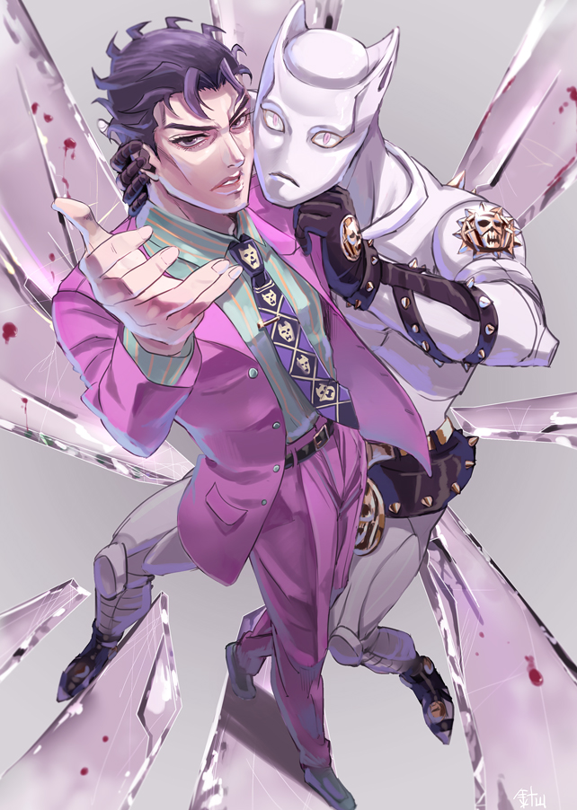 belt black_hair blood bodily_fluids broken_glass clothed clothing duo fully_clothed glass gloves grey_eyes hair handwear looking_at_viewer male muscular pink_eyes pose skimpy spikes white_body 針山 jojo's_bizarre_adventure killer_queen kosaku_kawajiri yoshikage_kira animal_humanoid cat_humanoid felid felid_humanoid feline feline_humanoid human humanoid mammal mammal_humanoid stand_(jjba) meme