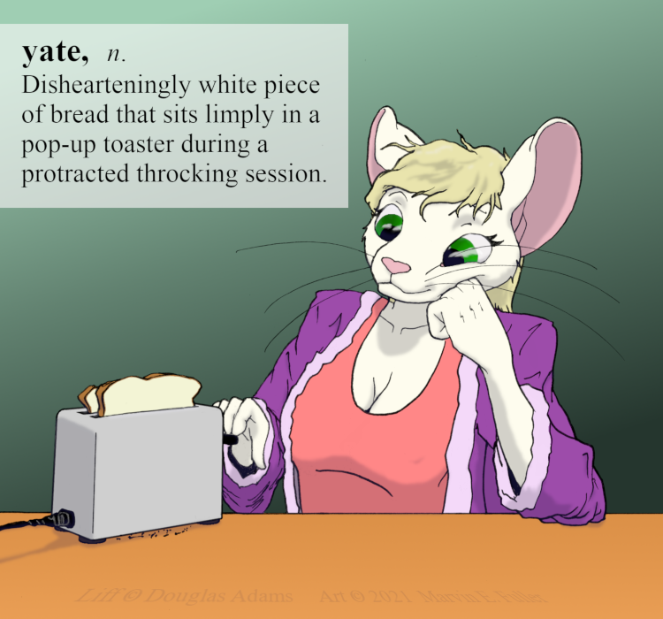 anthro appliance bathrobe blonde_hair bread breasts cleavage clothed clothing counter definition female food fur green_eyes hair kitchen_appliance kitchen_counter purple_bathrobe purple_clothing purple_robe robe solo text toaster whiskers white_body white_fur cybercorn_entropic the_meaning_of_liff cynthia_boggs mammal mouse murid murine rodent 2021 english_text