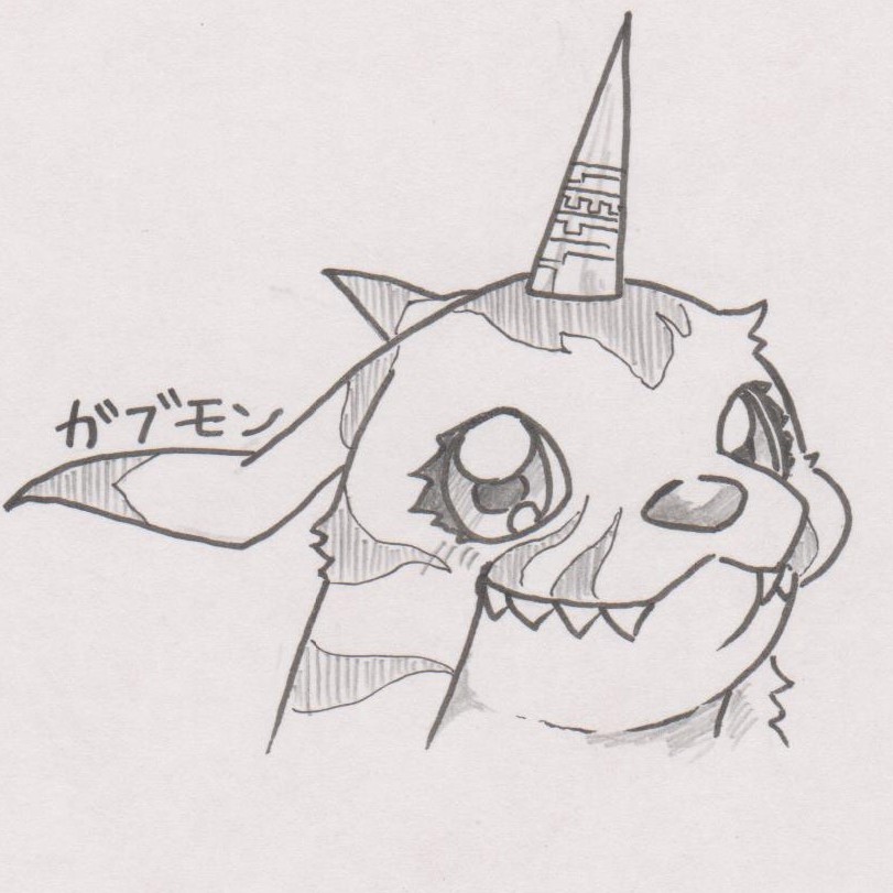 animal_skin anthro blush horn male solo tabasukotrr bandai_namco digimon digimon_(species) gabumon 1:1 headshot_portrait portrait sketch traditional_media_(artwork)