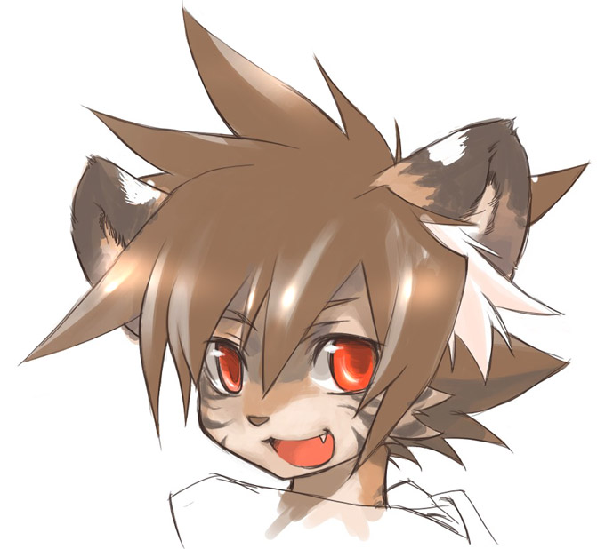 :d anthro brown_body brown_fur brown_hair fur hair kemono looking_at_viewer male red_eyes smile solo stripes teeth jeacn yota_(jeacn) canid canine canis domestic_dog mammal headshot_portrait portrait