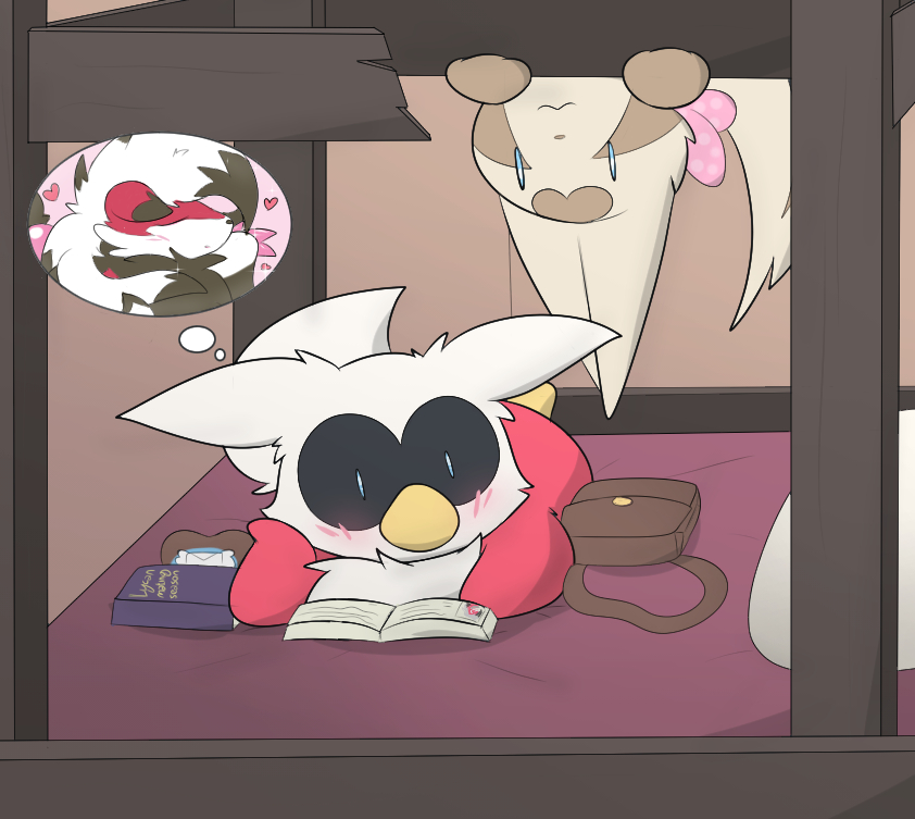 bag bed blush book clothing female feral furniture group hat headgear headwear heart_symbol neck_ribbon pillow reading semi-anthro simple_background delta-eon nintendo pokemon pokemon_mystery_dungeon spike_chunsoft wanderlust foglia_(wanderlust) scarlet_mauve tinsel_(wanderlust) delibird generation_2_pokemon generation_3_pokemon generation_5_pokemon generation_7_pokemon hybrid linoone lycanroc midnight_lycanroc pokemon_(species) zoroark