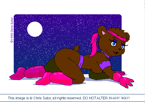 all_fours anthro blue_eyes boots breasts brown_body brown_fur butt classy clothing crawling female footwear fur gloves handwear looking_at_viewer moon night nipples nude open_mouth pink_clothing shoes smile solo star text vintage chris_sutor bear mammal 1993 english_text low_res