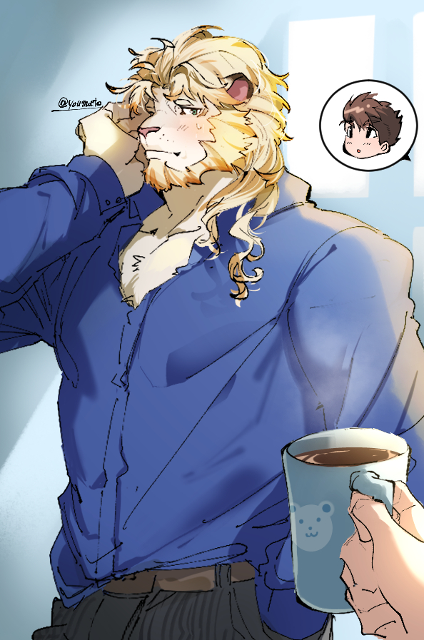 anthro beverage blonde_hair blue_eyes blush brown_hair clothing coffee container cup dress_shirt duo first_person_view fur hair male mug shirt tired topwear white_body white_fur youmoxto lifewonders live_a_hero astosis male_operator protagonist_(live_a_hero) felid human lion mammal pantherine