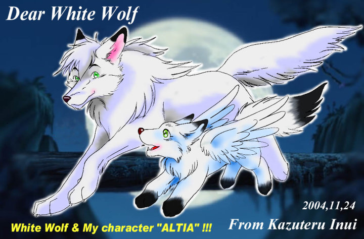 black_body black_fur black_paws duo fangs feral fur fur_markings hair landscape long_hair looking_aside male markings moon paws pink_inner_ear running smile tail teeth text white_body white_fur wings kazuteru_inui alita_(kazuteru_inui) canid canine canis mammal wolf 2004 digital_media_(artwork) english_text watermark