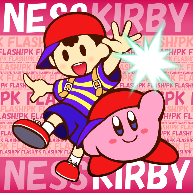 black_hair blush clothing duo footwear hair hat headgear headwear male not_furry open_mouth pattern_clothing pattern_shirt pattern_topwear shirt smile striped_clothing striped_shirt striped_topwear stripes text topwear ハナサキ earthbound_(series) kirby_(series) nintendo super_smash_bros. kirby ness human mammal waddling_head 1:1 crossover english_text