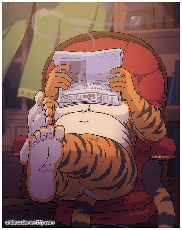 anthro belly belly_tuft book butt curtains face_covered feet humanoid_feet inside male musclegut muscular navel newspaper nude pecs plantigrade raised_foot reading reading_newspaper sitting slightly_chubby smoking solo strategically_covered striped_body stripes tuft window artdecade felid mammal pantherine tiger 2020 2023