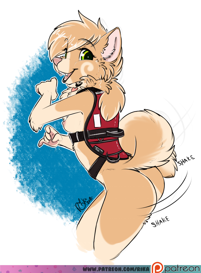 anthro breasts butt clothed clothing female harness looking_at_viewer looking_back nipples partially_clothed presenting service_dog_harness simple_background solo tail tail_motion tailwag text tongue wiggle rika_(artist) rika_(rika) canid canine canis domestic_dog mammal pomeranian spitz 2018 digital_media_(artwork) url