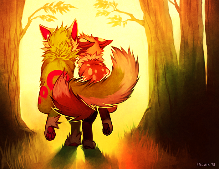 ambiguous_gender detailed_background duo entwined_tails feet feral forest grass hindpaw nature outside paws plant scenery sparklefur sunset tail tail_coil tree wood falvie falvie_(character) canid fionbri mammal digital_media_(artwork) female_(lore)