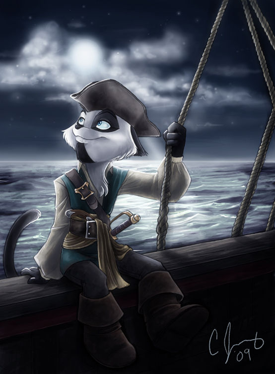 anthro boots clothed clothing detailed_background footwear looking_aside male melee_weapon night outside sailor sea ship shoes sitting solo sword vehicle water watercraft weapon candy_palmer domestic_cat felid feline felis mammal 2009 signature