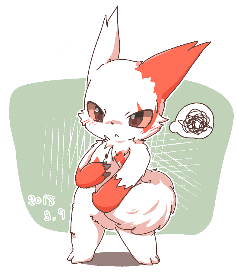 ambiguous_gender anthro blush fur kemono markings red_body red_fur red_markings simple_background solo standing tail tail_grab white_body white_fur mei_(artist) nintendo pokemon generation_3_pokemon pokemon_(species) zangoose 2018