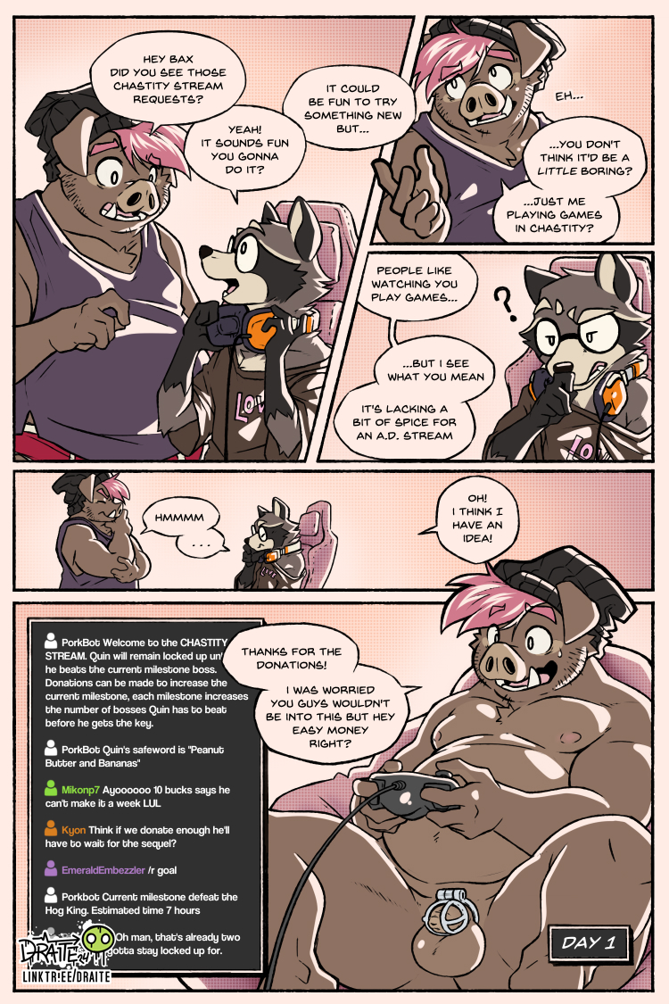 anthro balls beanie beanie_only belly border briefs chastity_cage chastity_device chat chat_box chat_message clothed clothing comic_panel controller dialogue electronics eyewear foreskin game_controller gaming genitals glasses hat headgear headphones headwear livestream male moobs mostly_nude oversized_clothing oversized_topwear overweight overweight_anthro overweight_male penis shirt solo speech_bubble stream_chat streaming t-shirt tank_top text text_on_clothing text_on_shirt text_on_topwear topwear toque underwear white_border conditional_dnp draite baxter_(draite) quinten_(draite) domestic_pig mammal procyonid raccoon suid suina sus_(pig) wild_boar 2:3 comic english_text