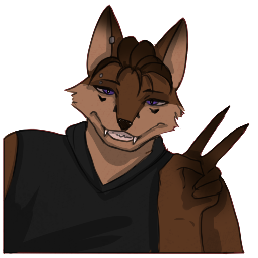 anthro brown_body brown_fur brown_hair clothed clothing ear_piercing eyebrow_piercing eyebrows facial_piercing fur gesture grin hair male piercing purple_eyes sharp_teeth smile solo sticker_pack teeth white_body white_fur yourumi kais_(yourumi) canid canine fox mammal 1:1 alpha_channel