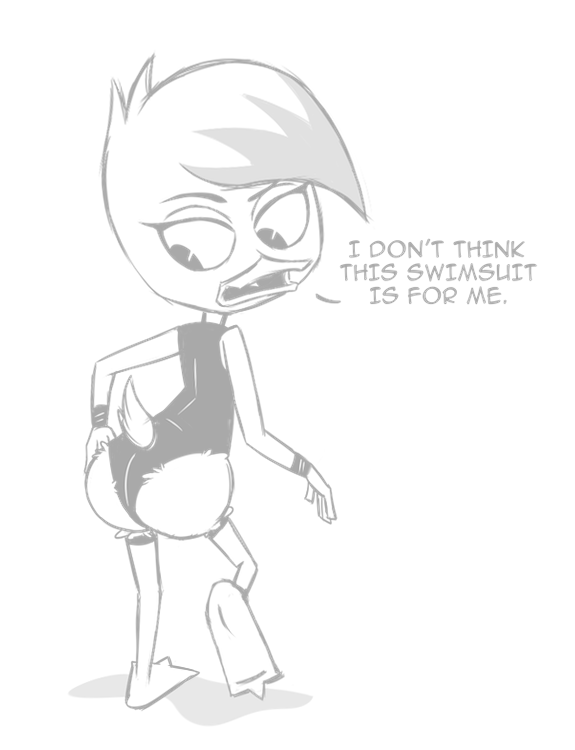 adolescent anthro butt clothed clothing dialogue female hair looking_back one-piece_swimsuit simple_background skimpy solo swimwear text white_background young young_anthro scobionicle99 disney ducktales ducktales_(2017) lena_(ducktales) anatid anseriform avian bird duck english_text monochrome