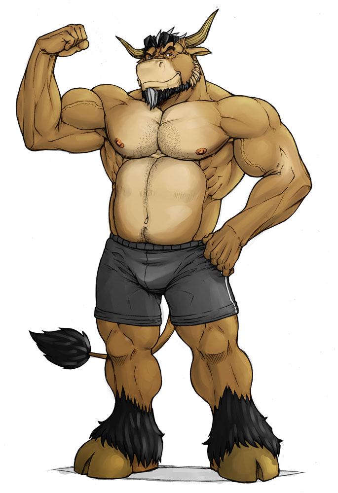 5_fingers anthro barefoot beard biceps biped black_body black_fur black_hair bottomwear brown_body brown_eyes brown_fur bulge clothed clothing cloven_hooves facial_hair feet fingers flexing front_view fur hair hand_on_hip hooves horn looking_at_viewer male musclegut muscular muscular_anthro muscular_male nipples pecs pose short_hair shorts simple_background slightly_chubby smile solo standing tail tail_tuft topless tuft vein white_background maxima sam_(braford) bovid bovine cattle mammal