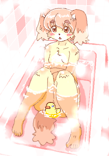 anthro arms_in_water bath bath_toy bent_legs blush brown_eyes chest_tuft convenient_censorship female fully_submerged_tail fur inside kemono knees_out_of_water legs_out_of_water nude open_mouth partially_submerged rubber_duck solo submerged_arms submerged_legs submerged_tail tail tuft water kin-shun itou_sora canid canine canis domestic_dog inanimate_object mammal digital_media_(artwork) low_res