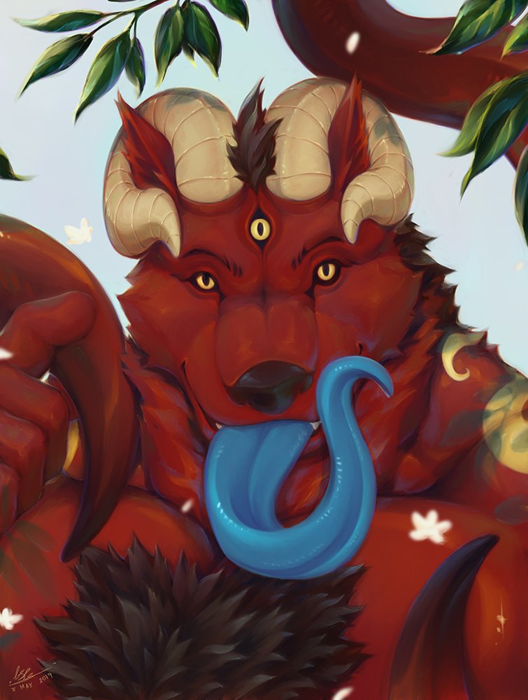 3_eyes anthro barazoku blue_tongue chest_tuft eyebrows fur horn kemono long_tongue male multi_eye plant raised_eyebrow red_body red_fur solo tongue tree tuft yellow_eyes nspg djagokemono foulei demon