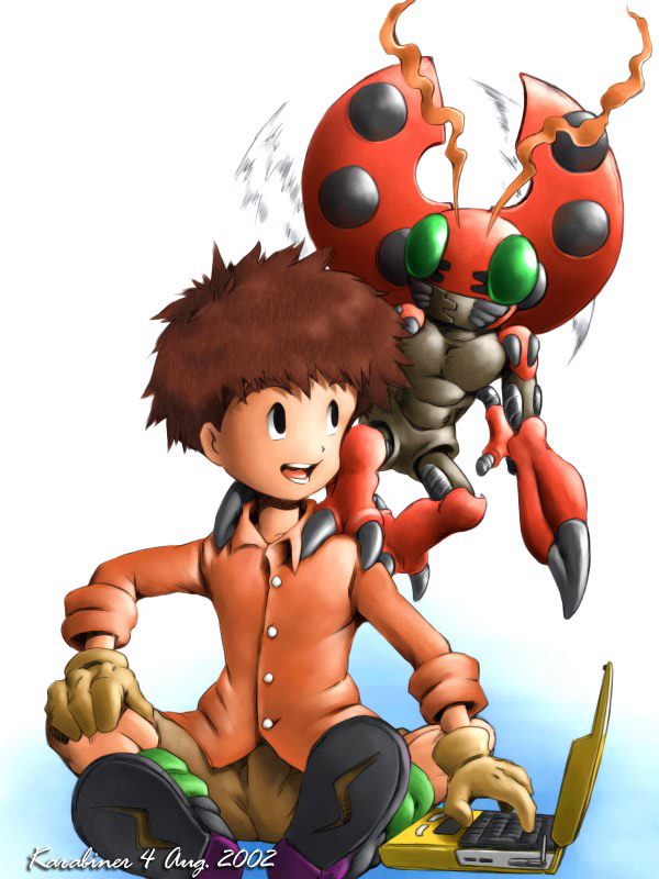 antennae_(anatomy) claws clothed clothing computer duo electronics hair laptop male multi_limb red_body simple_background smile wings karabiner bandai_namco digimon izzy_izumi arthropod beetle digimon_(species) human insect mammal tentomon 2002 3:4