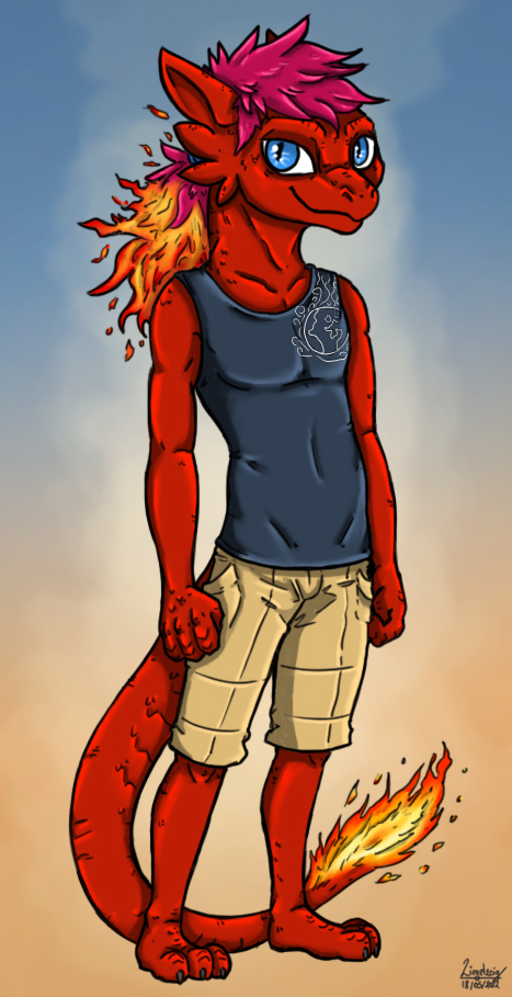 anthro blue_eyes fire hair male purple_hair red_body red_skin solo ziegelzeig bad_guy_cafe fire_(firefox) reptile scalie 2022