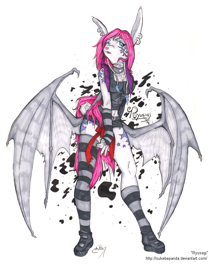 alternative_fashion anthro biped blue_eyes clothing ear_piercing ear_ring female glamfur goth legwear membrane_(anatomy) membranous_wings piercing ring_piercing solo standing stockings tattoo text wings sukebepanda lagomorph mammal skvader source_request url