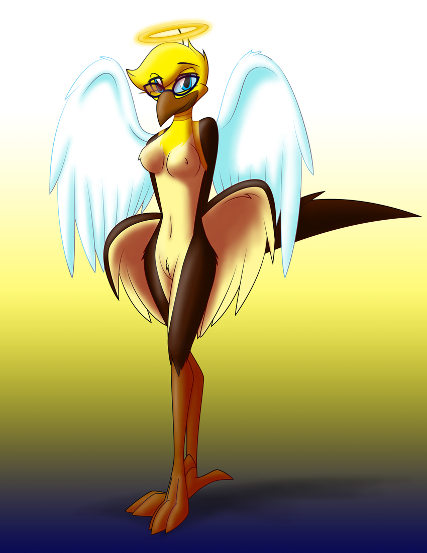 anthro barely_visible_genitalia barely_visible_pussy beak bedroom_eyes brown_body brown_feathers eyebrows eyelashes eyewear feathered_wings feathers feet female genitals glasses half-closed_eyes looking_at_viewer narrowed_eyes nude pose pussy seductive simple_background solo talons toes wings yellow_body yellow_feathers whitephoenix52 feather_6 eliana avian bird