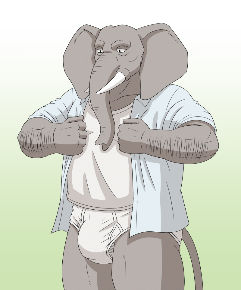 anthro bulge clothing humanoid_hands kemono male shirt simple_background solo topwear tusks underwear jacklantern_11 elephant elephantid mammal proboscidean 2020 5:6