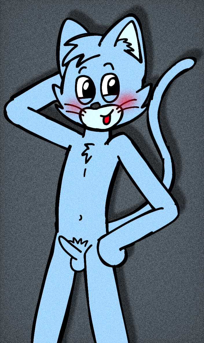 anthro balls chest_tuft erection fur genitals hair happy male nude penis pose simple_background smile solo tail text tuft eggnaug marshall_(eggnaug) domestic_cat felid feline felis mammal 2023 colored digital_drawing_(artwork) digital_media_(artwork) url