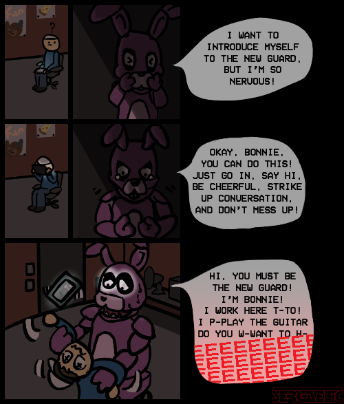 anthro dialogue machine male question_mark text sergaelic five_nights_at_freddy's scottgames bonnie_(fnaf) mike_schmidt animatronic human lagomorph leporid mammal rabbit robot comic english_text