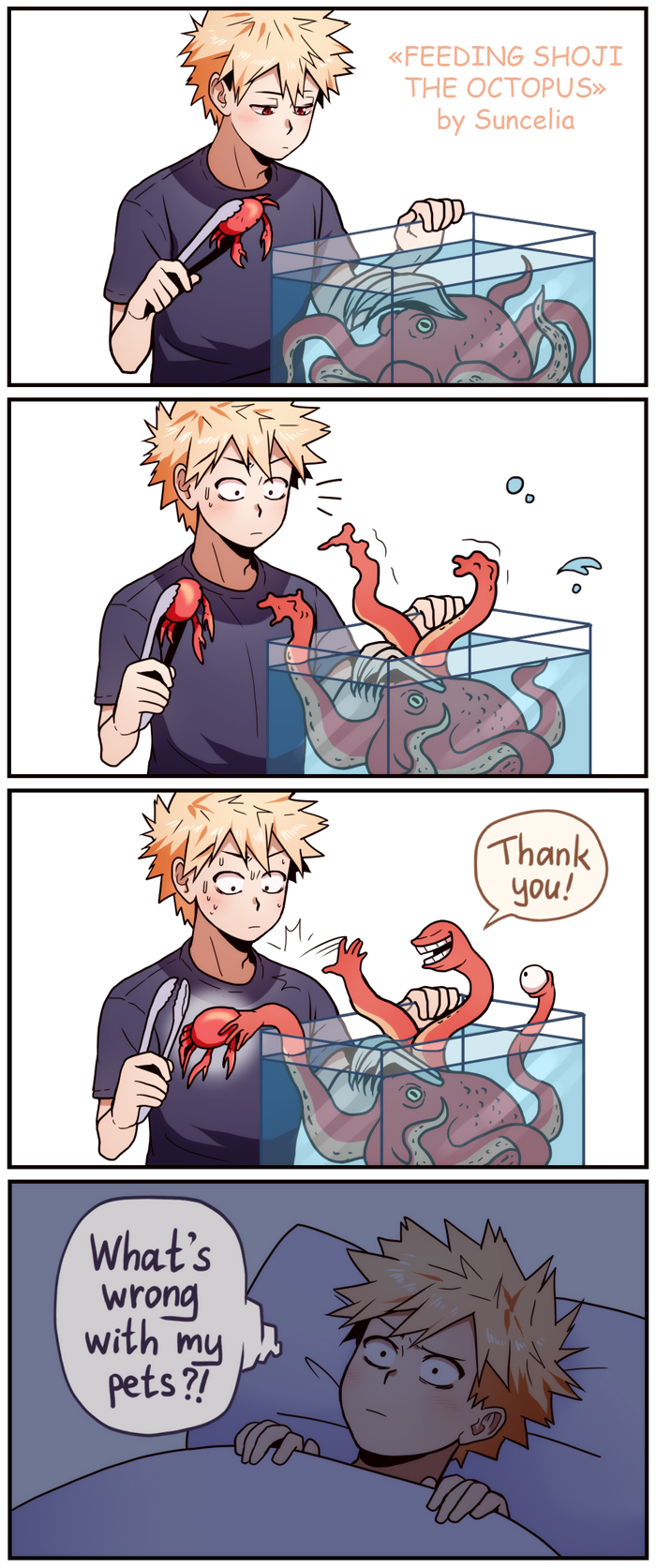 ?! aquarium bed bedding blanket blonde_hair bodily_fluids clothed clothing confusion dialogue disturbed eyeball feral furniture grey_hair hair humor lying male on_back patting pillow shirt silver_hair solo speech_bubble sweat t-shirt tentacles text thought_bubble tongs tools topwear vivarium water what suncelia my_hero_academia katsuki_bakugou mezo_shoji arthropod cephalopod coleoid crab crustacean decapoda human malacostracan mammal marine mollusk octopodiform english_text hi_res